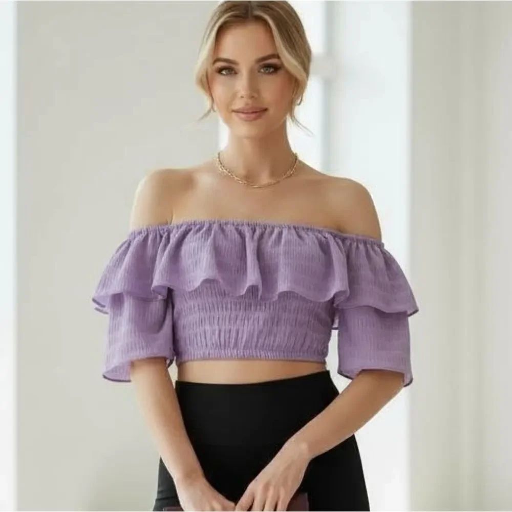 SHEIN Purple Off-Shoulder Ruffle Crop Top